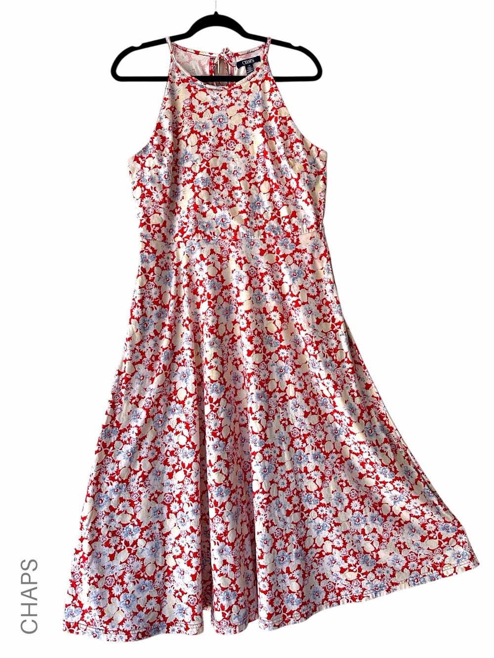CHAPS LIKE NEW FLORAL COTTON HALTER MIDI DRESS POCKETS RED BLUE | LARGE